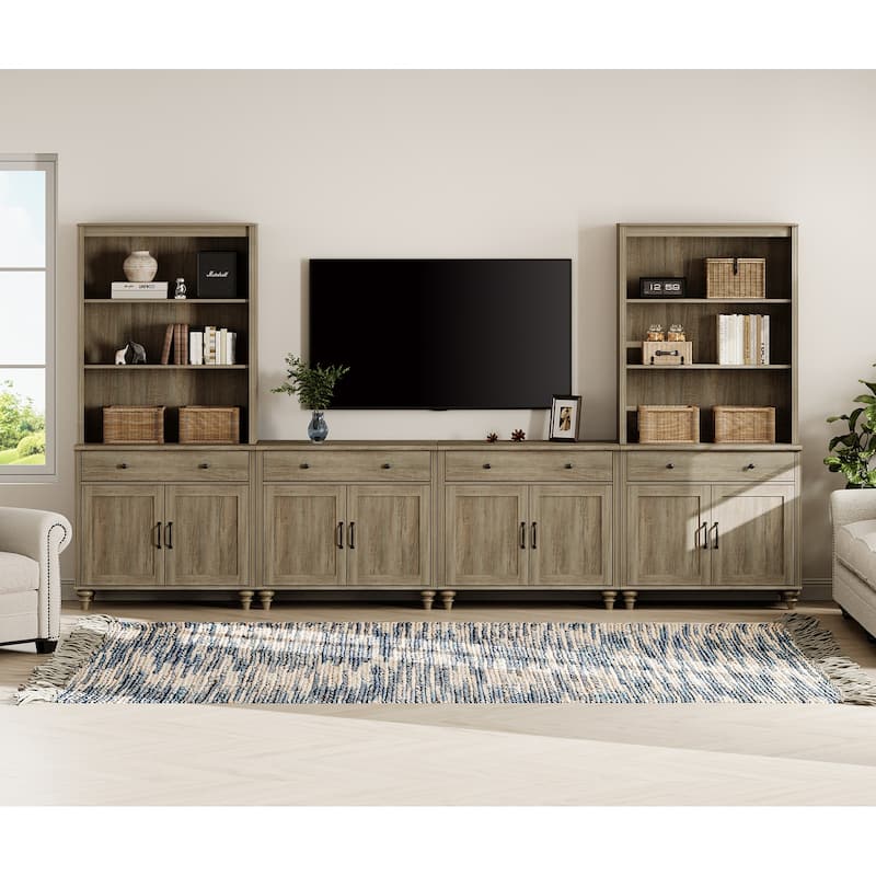 Wash Grey Farmhouse TV Stand with Wooden Doors & Drawers - 8-Doors & 4-Drawers