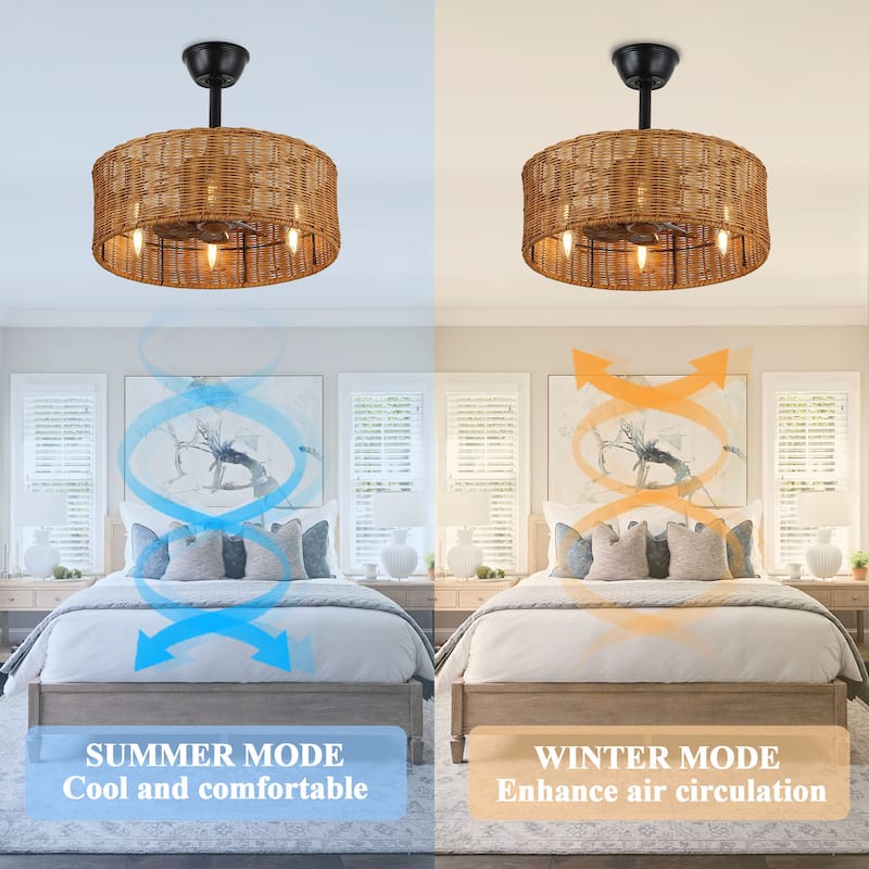 Cusp Barn 18'' Boho Caged Ceiling Fan with Remote Control, Farmhouse Rattan Fandelier, 3 Speeds Enclosed 6-Light Fan for Bedroom