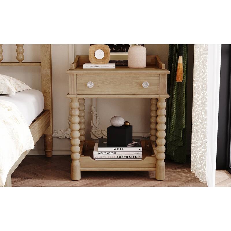 Retro Style Nightstand with Drawer & Open Shelf - Turned Legs Bedside Table with Metal Handle (Natural)