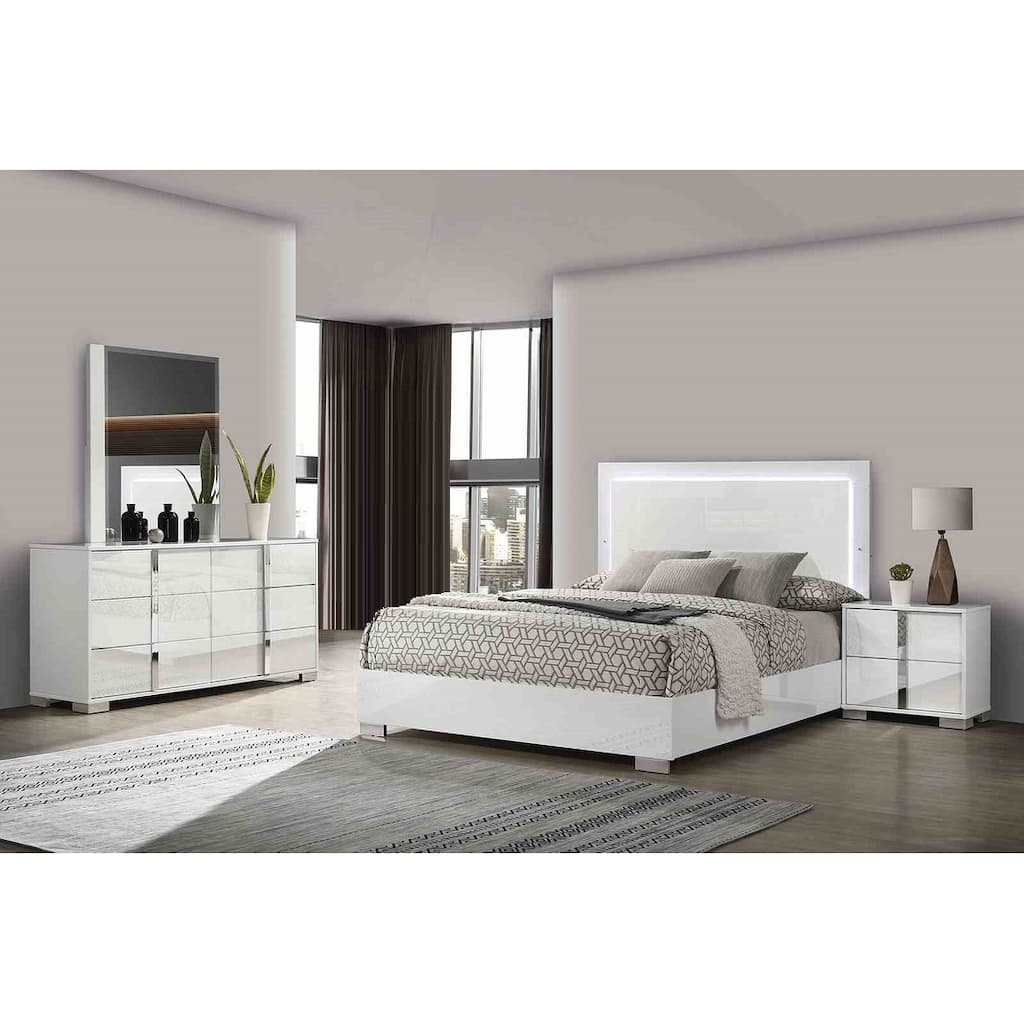 Contemporary White 4 PC Bedroom Furniture Set with LED Headboard Bed Dresser Mirror Nightstand