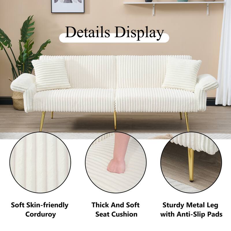79" Corduroy Foldable Sofa Bed with 3-Position Armrests, High-Resilience Foam, and Metal Legs