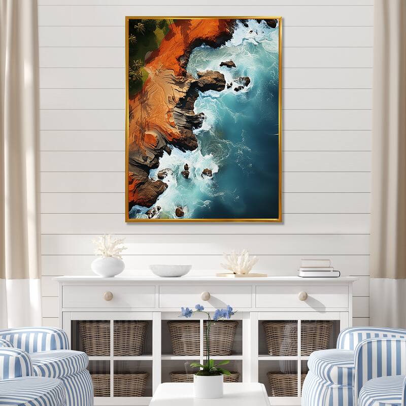 Designart "Rocky Beach Aerial View I" Coastal Beach White Wall Decor - Coastal Hallway Framed Wall Art Decor - 16 in. wide x 32 in. high - Gold