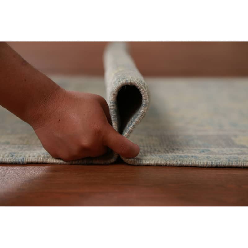Hand Knotted Oriental 100% Wool Carpet Transitional Floral Navy Blue & Blues Oushak Runner Rug - 20' 2'' X 3' 1''