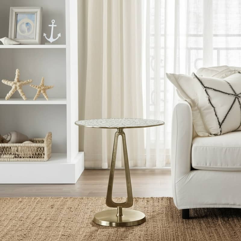 Metal Accent Table Modern Coastal Engraved Top Design - 20" White - 16" x 16" x 20"