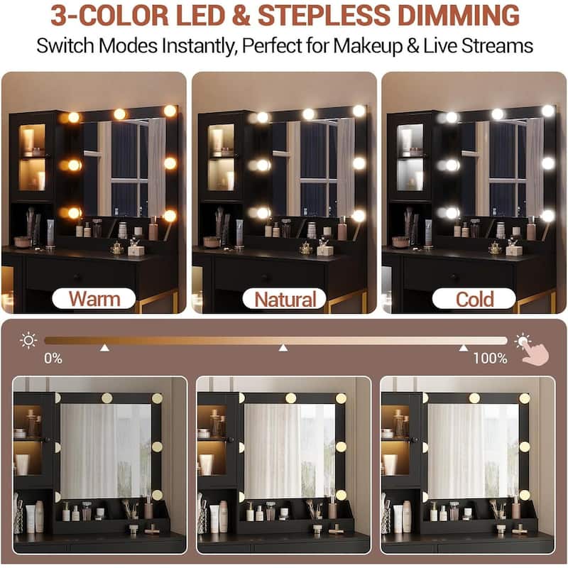 Vanity Desk, Makeup Dressing Table with LED Lights, Mirror, Built-in Outlets & USB Ports