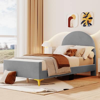 Roomfitters Twin/Full Size Upholstered Platform Bed with Classic Semi-circle Shaped headboard and Mental Legs, for Bedrooms
