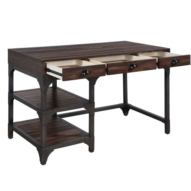 Modern 3-Drawer Writing Desk with Iron Base and Open Storage Compartments for Office or Study Room Organization