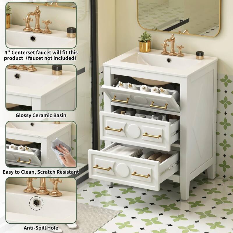 24" Bathroom Vanity with Ceramic Sink Combo, Free-Standing Single Vanity Set with 3 Drawers