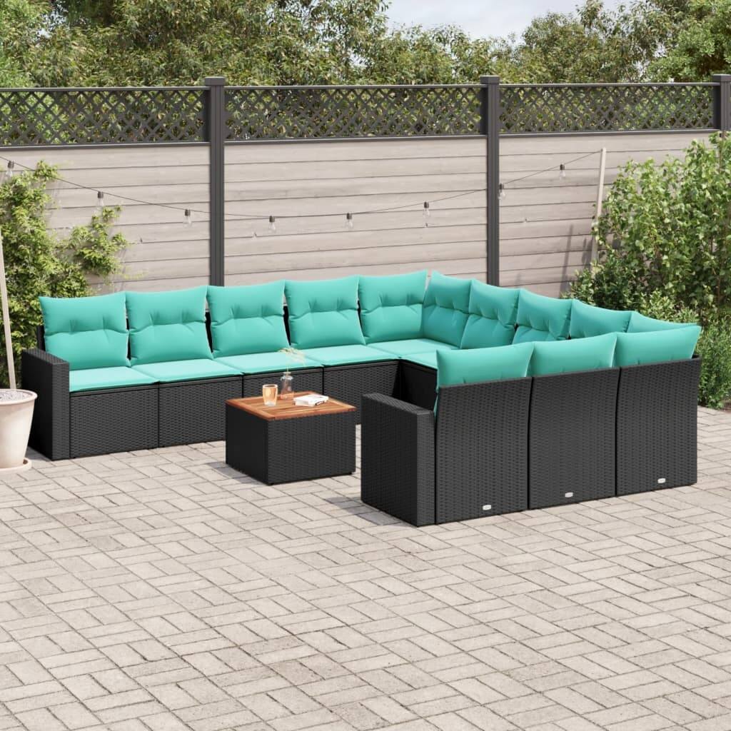 vidaXL 12 Piece Patio Sofa Set with Cushions Black Poly Rattan - 24.4 x 24.4 x 27.2