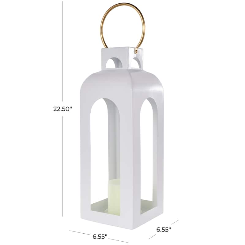 White Metal Tall Arched Cutout Candle Lantern with Gold Handle