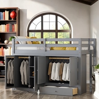 Versatility Galore Twin Size Loft Bed with Drawer, Two Wardrobes and Mirror