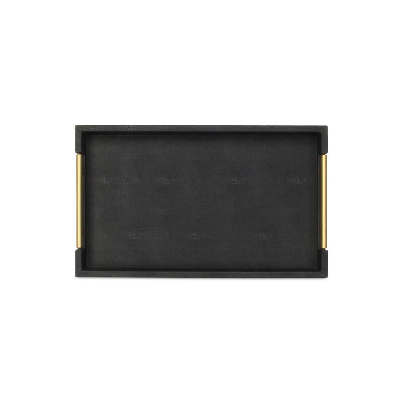 HomeRoots 16" Black Wood and Vinyl Faux Shagreen Serving Tray With Gold Handles - 15.75 in. x 1.75 in. x 9.50 in.