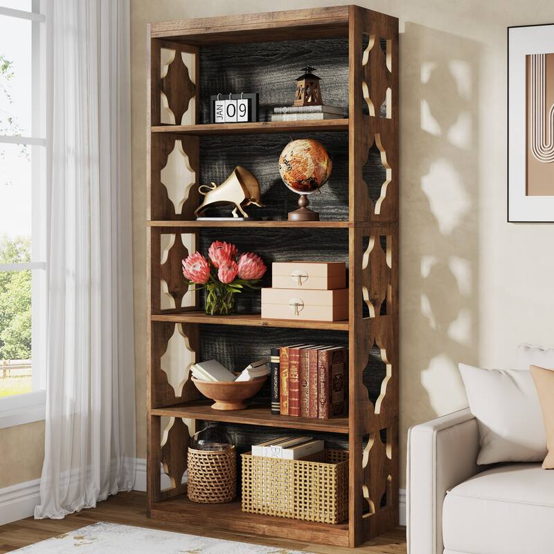 6-Tier Rustic Bookshelf, 70-Inch Wooden 5 Shelf Bookcase - 11.81"D x 31.5"W x 70.47"H