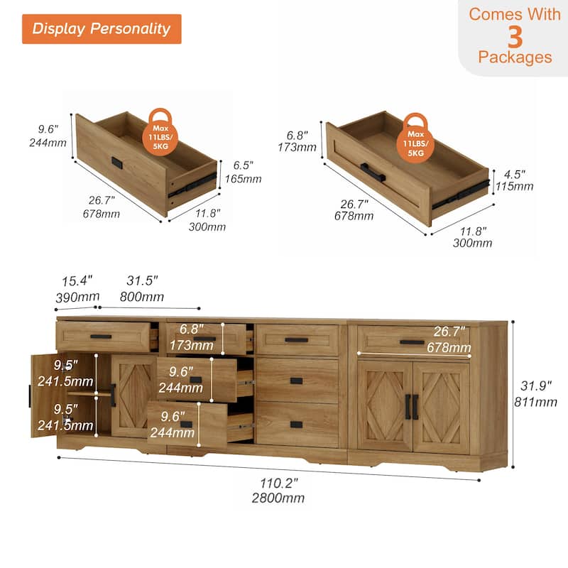 Large TV Stand,3/4-in-1 Farmhouse TV Console Table with Storage Barn Door Cabinet