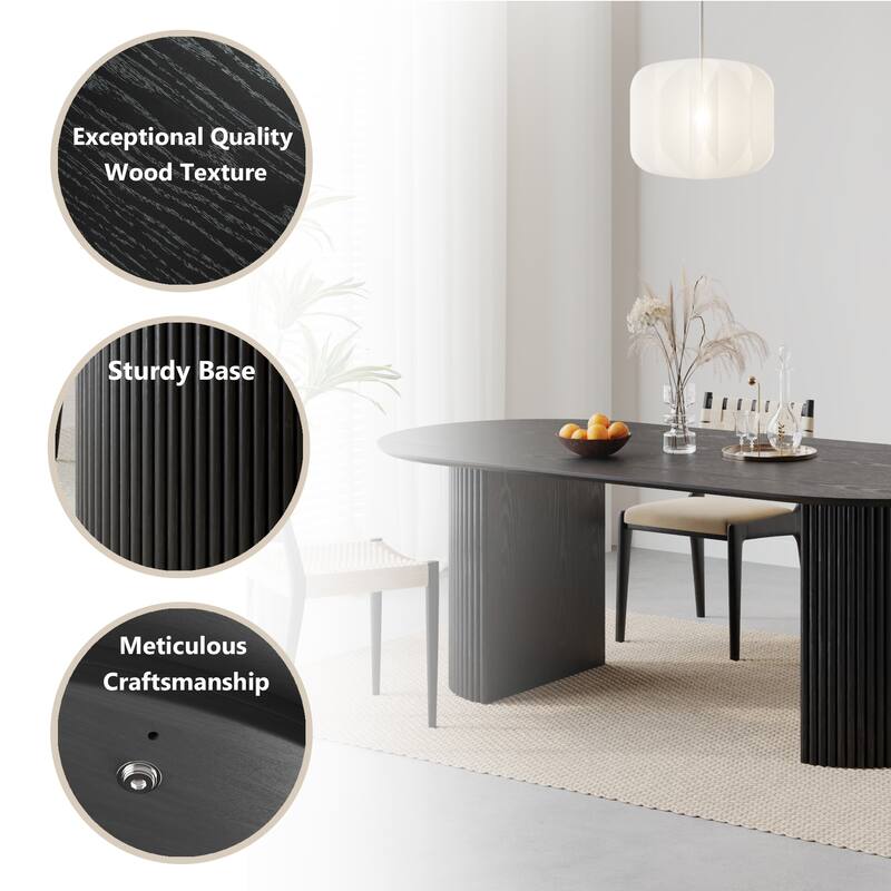 Modern Oval Wooden Dining Table - 79" Large Size, Sturdy Fluted Base, Natural Oak Finish for Dining Room