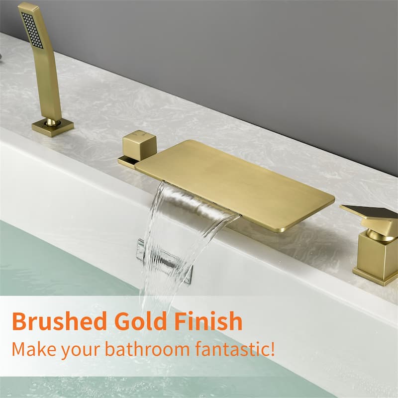 Deck Mount Waterfall Tub Faucet with Handheld Shower Brass 4 Holes Modern Roman Bathtub Filler with Hand Sprayer