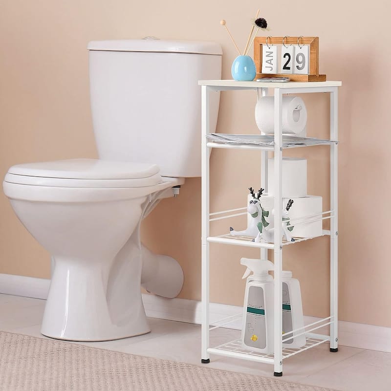 4 Tier Bathroom Storage Shelf with Toilet Paper Holder - N/A - White