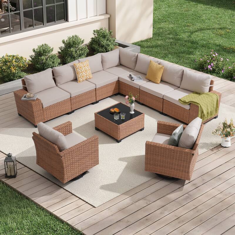 Outdoor L-Shaped Conversation Set Sectional Sofa 10-Piece Swivel Chair with Cushions Coffee Table PE Wicker Rattan