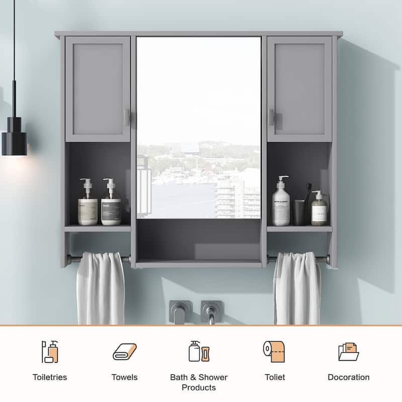 Modern 35" Bathroom Wall Cabinet with Mirror, Triple Doors, Hidden Storage and Towel Bar