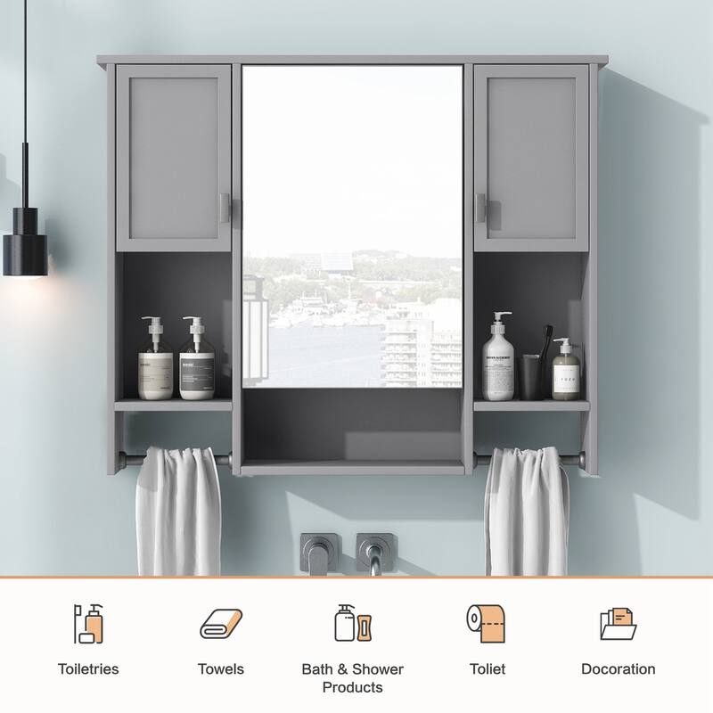 Mounted Bathroom Storage Cabinet, Medicine Cabinet with Towels Bar, Bathroom Medicine Cabinet with Mirror Door & Open Shelf