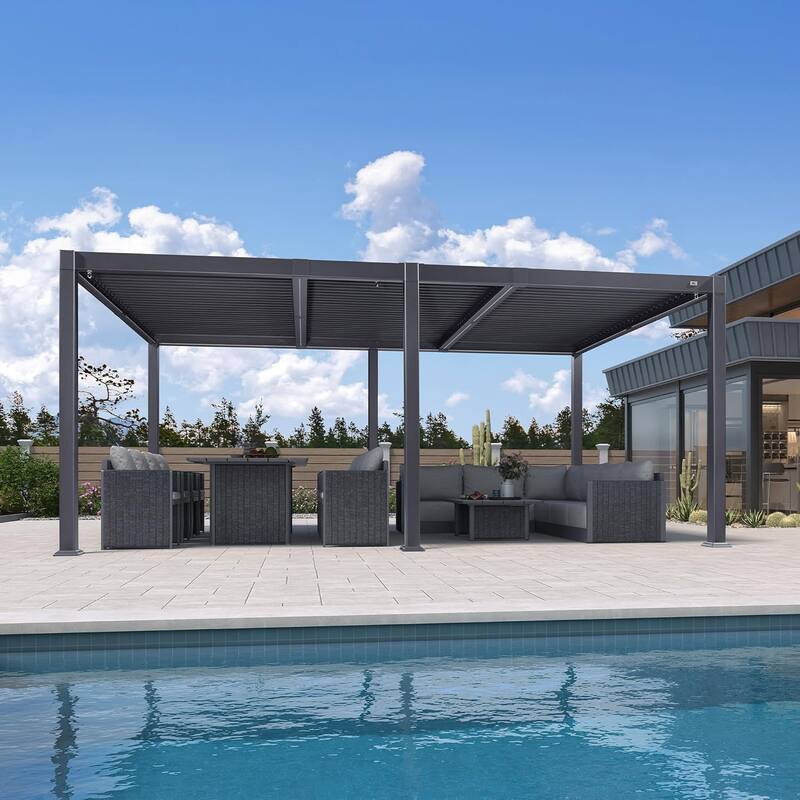 PURPLE LEAF Solar Louvered Pergola with LED String Lights Aluminum Outdoor Pergola with Adjustable Roof for Patio Garden