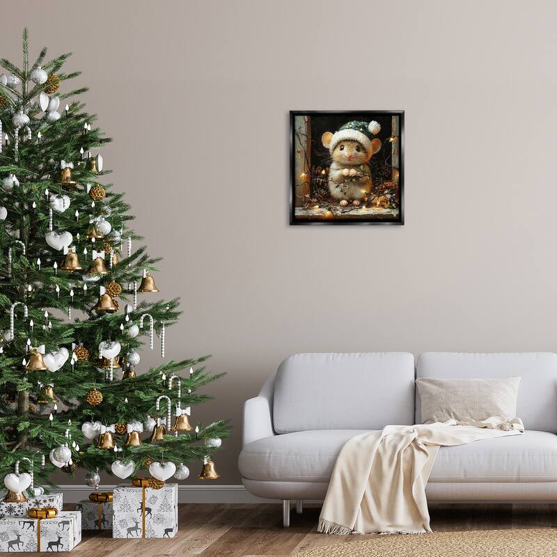 Stupell Barn Mouse with Christmas Lights Framed Floater Canvas Wall Art Design By Riley B