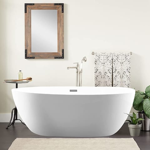 Vanity Art 55.1-Inch Freestanding White Acrylic Bathtub Stand Alone - 55