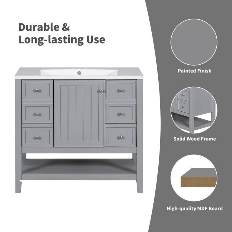 36" Bathroom Vanity with Sink Combo, One Cabinet and Three Drawers, Solid Wood and MDF Board