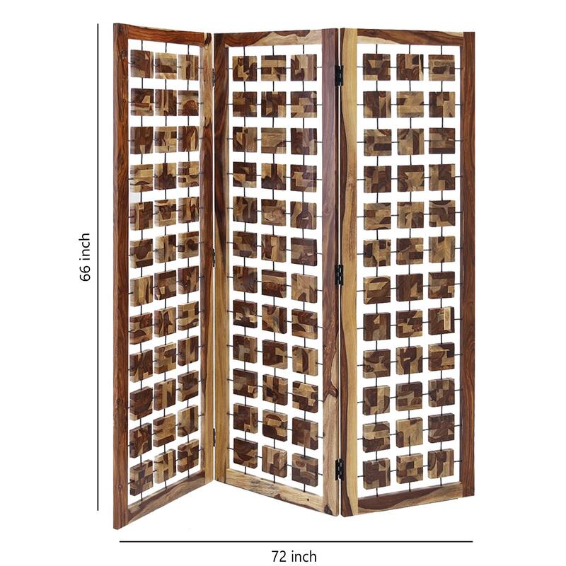 Wooden 3 Panel Room Divider with Interconnected Square Blocks, Brown