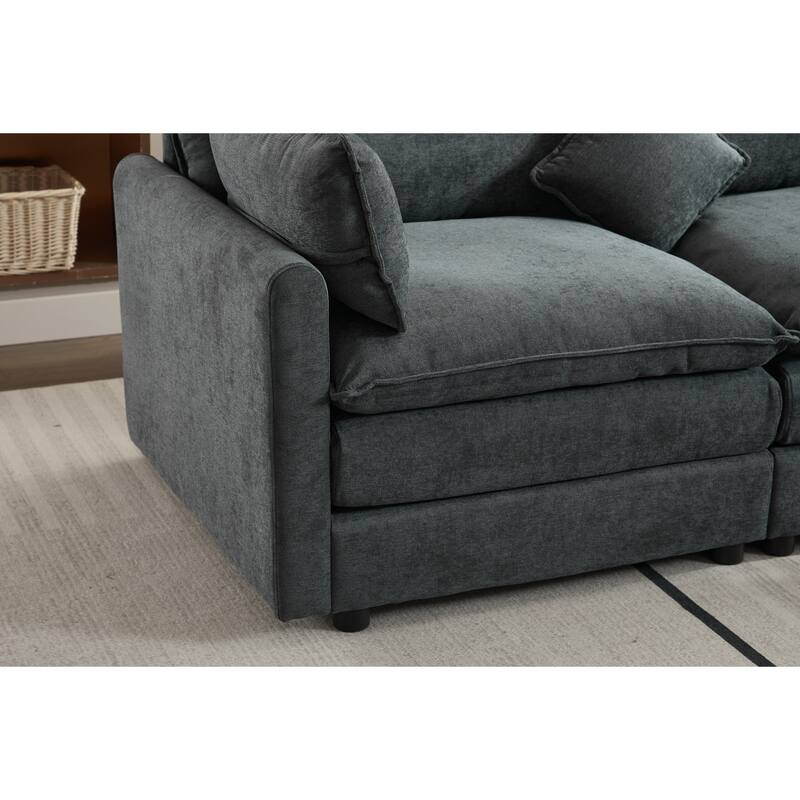 L-Shaped Modular Sectional Sofa with Removable Ottoman, Chenille Upholstered 3-Seater Sofa, Deep Seat Sofa with Pillows