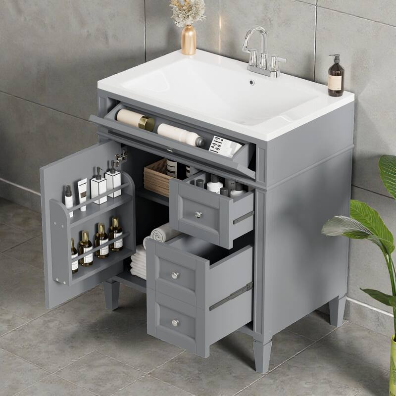 30 Inch Bathroom Vanity with Top Sink, Modern Storage Cabinet with 2 Drawers and Tip-Out Drawer, Single Sink Vanity