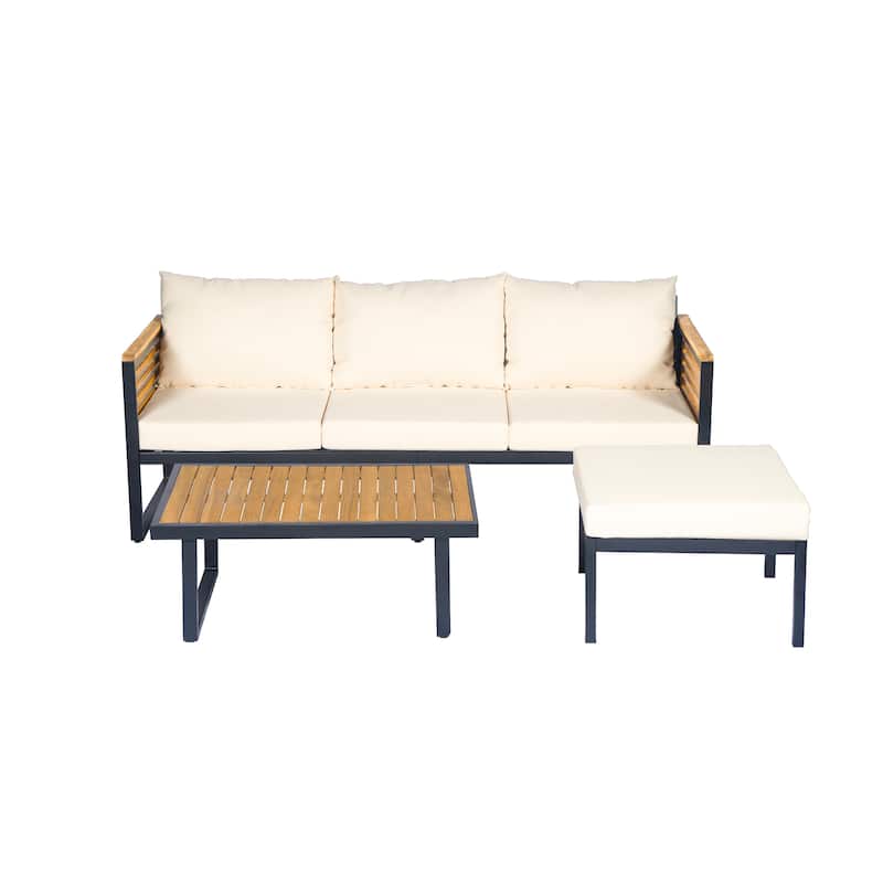 3-Piece Outdoor Patio Furniture Set with Wood Frame and Cushioned Seating, Industrial Style Sofa Set with Table and Ottomans