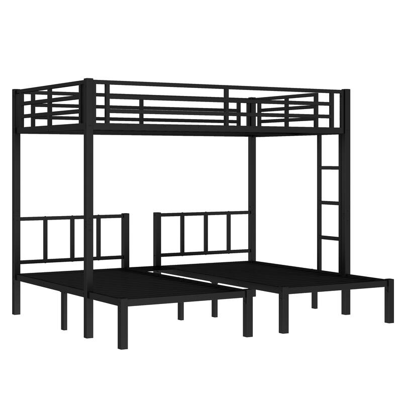 Space-Saving Metal Triple Bunk Bed with Safety Guardrails, Twin over Twin & Queen, Noise Reduced, Black