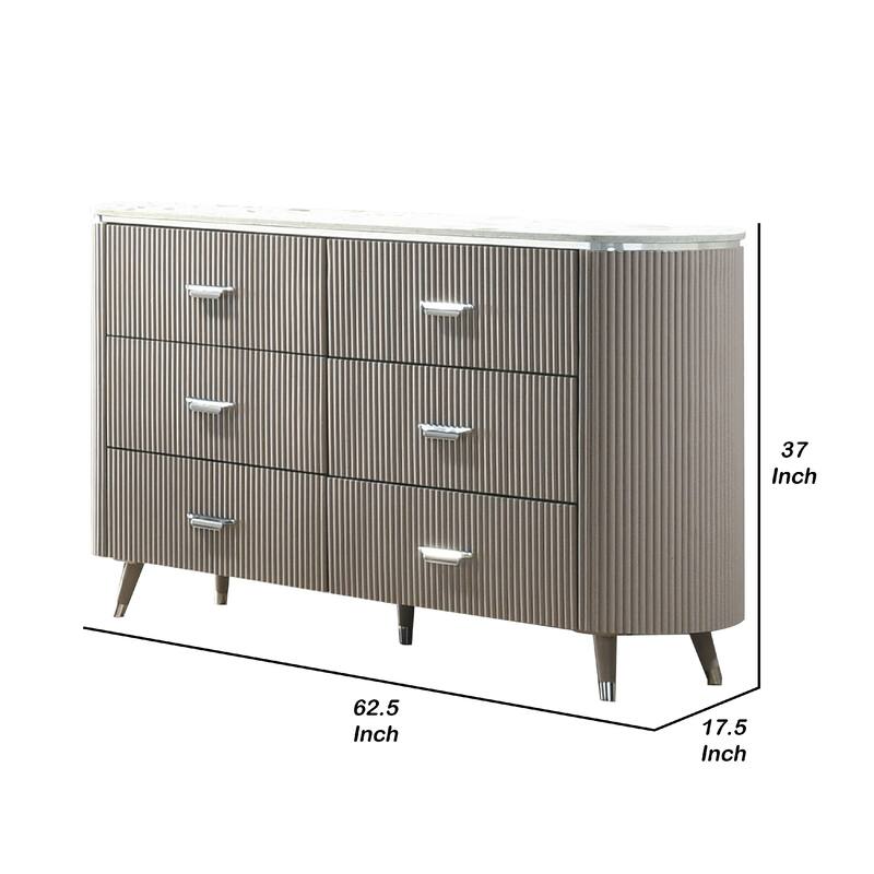 Gema 6 Drawer Wide Dresser, Light Gray Solid Wood with Cultured Stone Top