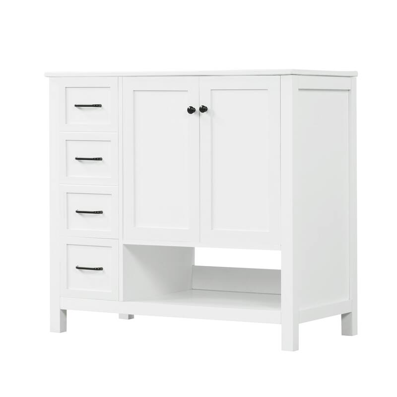 Roomfitters 36" Bathroom Vanity with Sink, Right-Side Basin, Solid Wood Frame, 2 Doors, 2 Drawers & Open Shelf