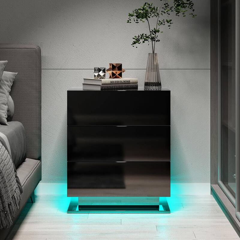 LED Nightstand with 3 Drawers Modern End Side Bedside Table - Black