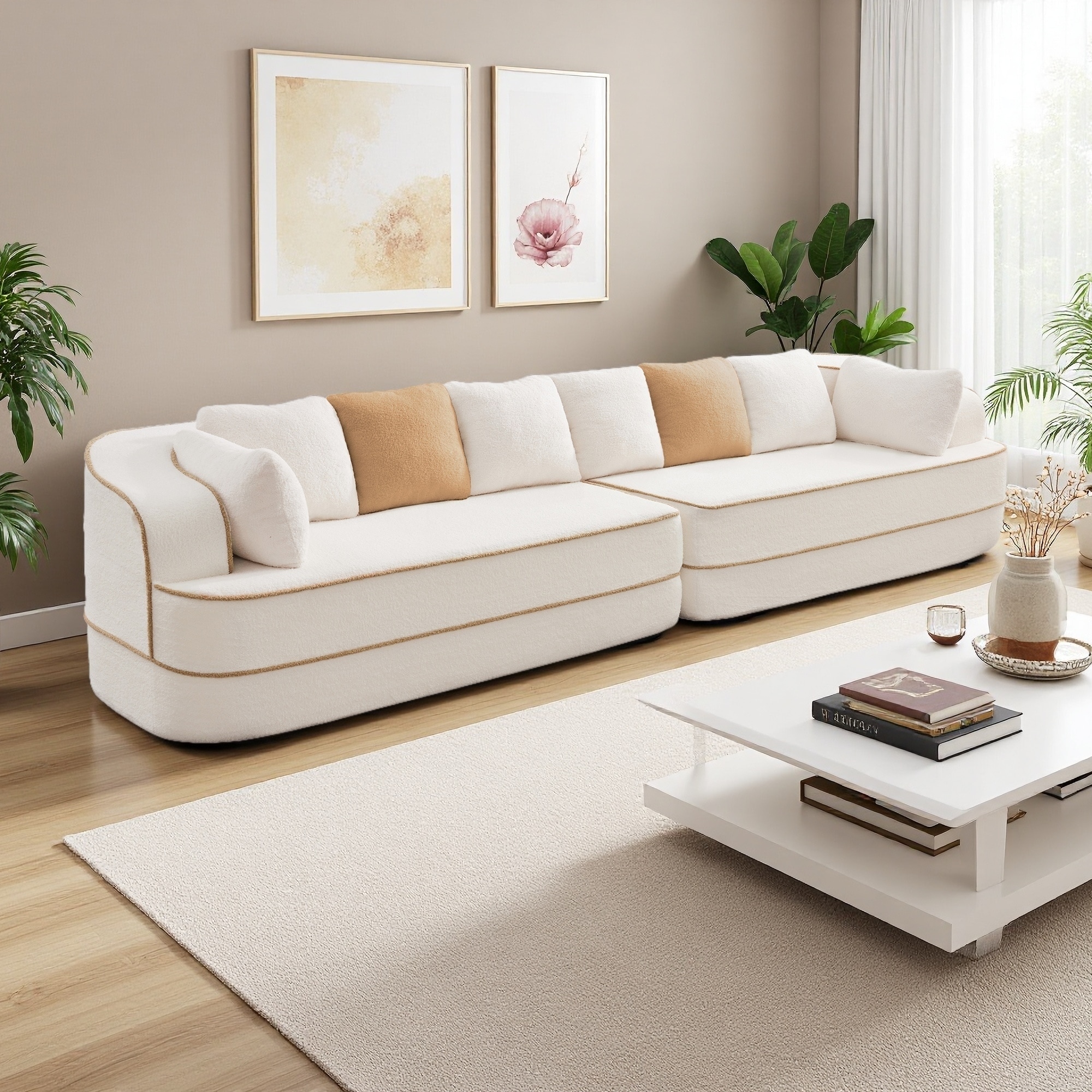 134.7" 4-Seat Teddy Fabric Oversized Modular Sofa with No Assembly Required and Contrast Color Design