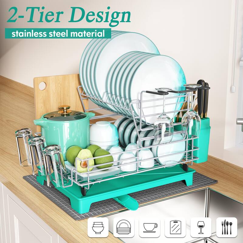 JASIWAY 2 Tier Kitchen Stainless Steel Dish Rack - Aqua