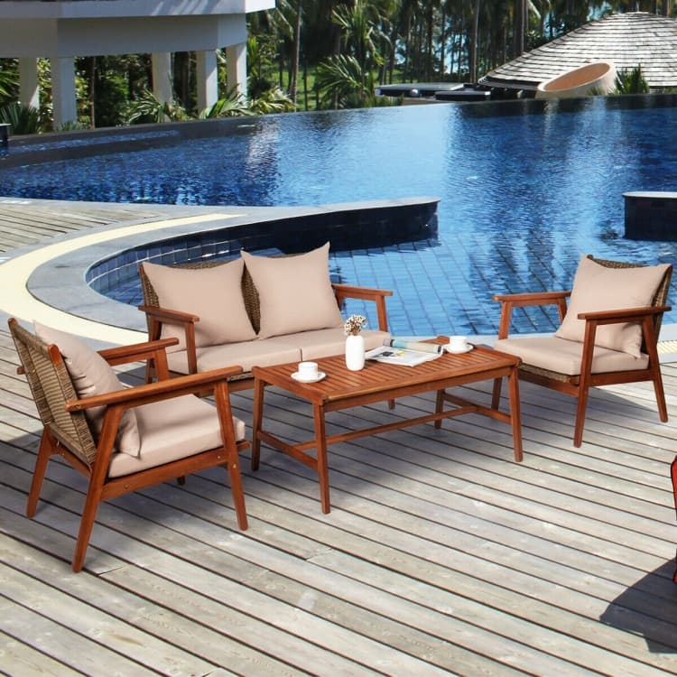 4 Piece Acacia Wood Patio Rattan Furniture Set with Cushions - 45" x 27.5"x 29.5" (L x W x H)