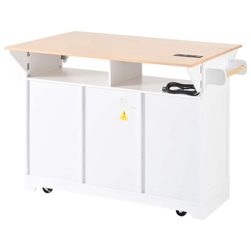 55.7" Rolling Kitchen Island with 2 Drop Leaf Power Outlet Spice Rack and 3 Drawers