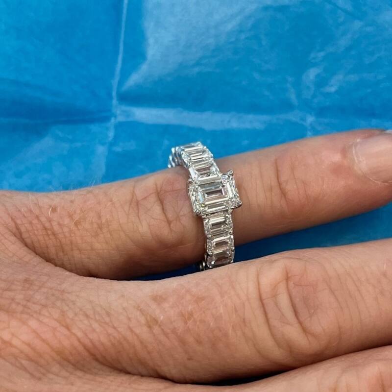 VS 7 1/2Ct Emerald Cut Diamond Engagement Ring 3/4 Eternity Gold Lab Grown