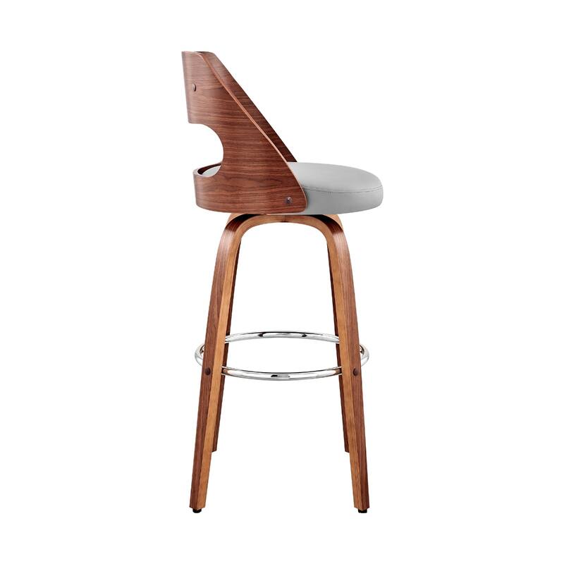Faux Leather Swivel Bar Chair with Full Back and Walnut Wood Frame
