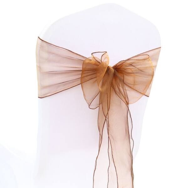 slide 1 of 12, 40Pcs Exquisite Workmanship Chair Bow Sash Wear-Resistant Polyester Bow Knot Organza Chair Sashes Wedding Decoration Chocolate