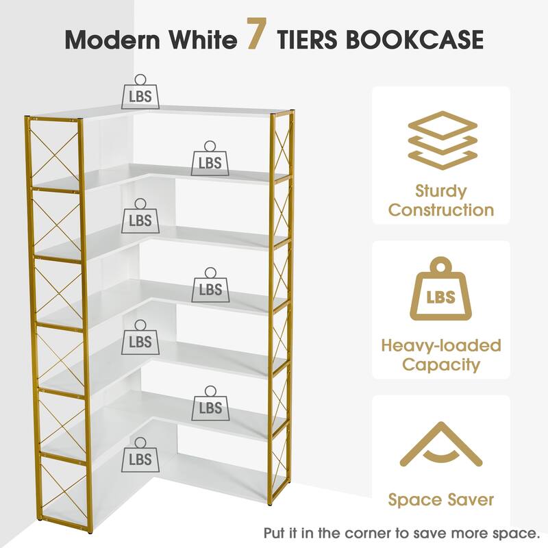 7-Tier Bookcase Home Office Bookshelf, L-Shaped Corner Bookcase with Metal Frame
