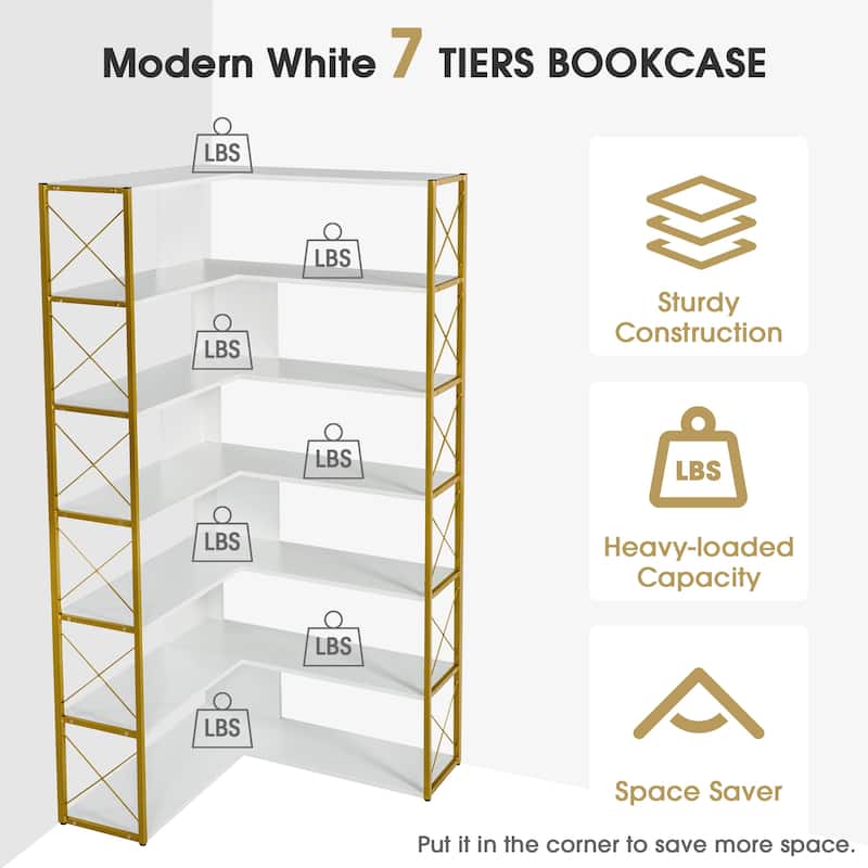 Industrial 7-Tier L-Shaped Corner Bookcase Home Office Bookshelf