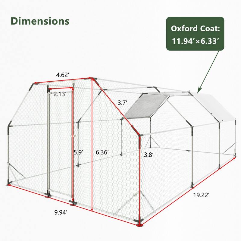 Large Walk-In Metal Chicken Coop – Flat-Shaped Poultry Cage Run with Waterproof Cover‌ - Silver