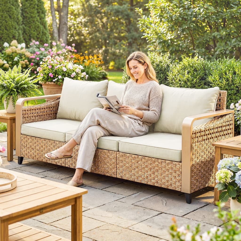 Outsunny Outdoor Patio Couch with Wide and Deep Seat, 3 Seater Wicker Outdoor Sofa with Wide Metal Armrests