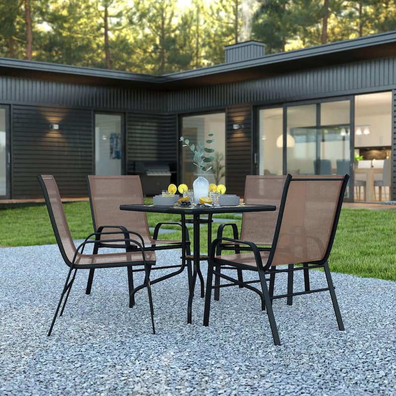 5 Piece Patio Dining Set - Glass Table, 4 Flex Stack Chairs - Brown