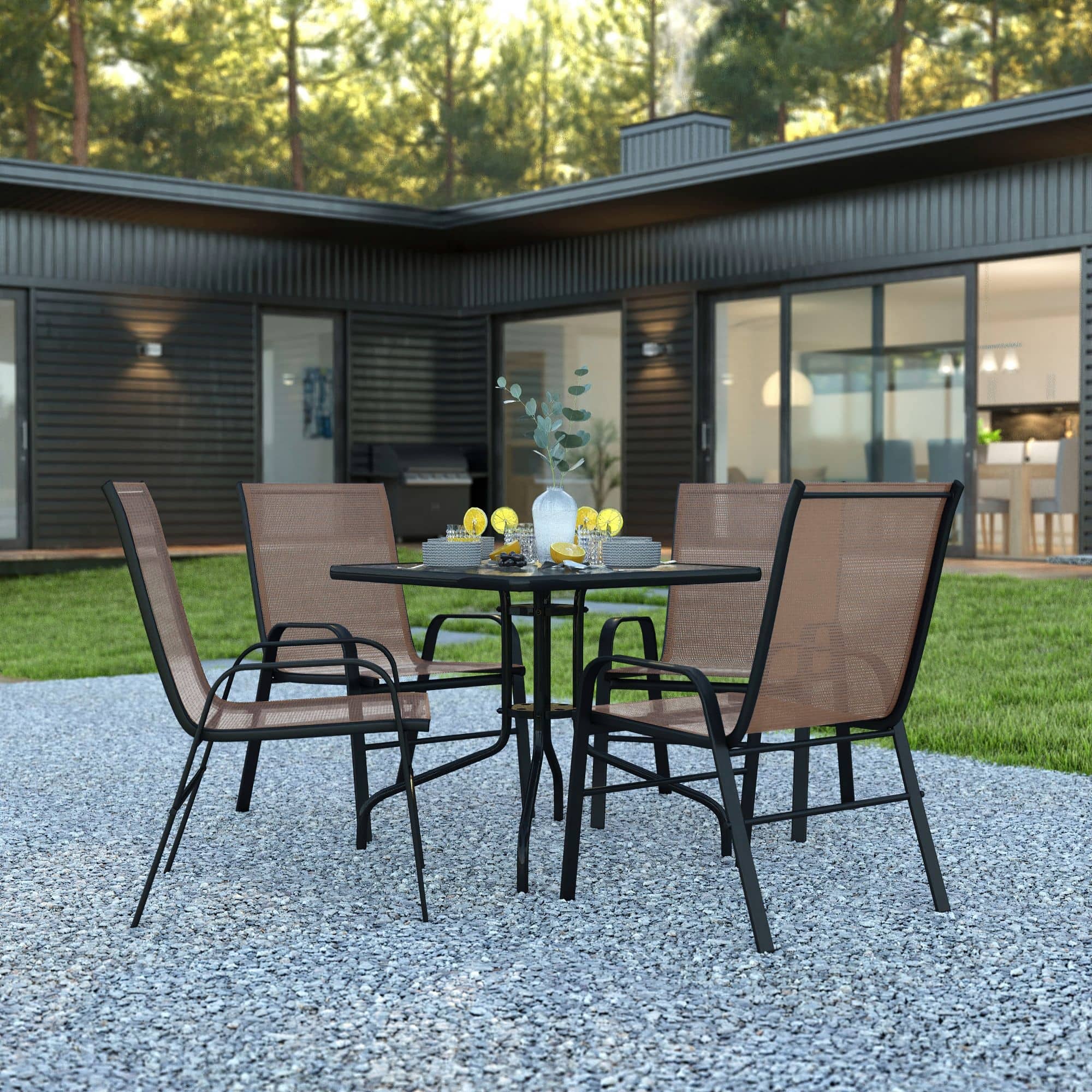 4 piece metal and glass umbrella patio set TLSUNNY 5 Pieces Dining for 4, Table Textilene Chair The thick tempered glass top consists of an umbrella hole for a market umbrella to help shade you while eating and socializing 5 Piece Patio Dining Set