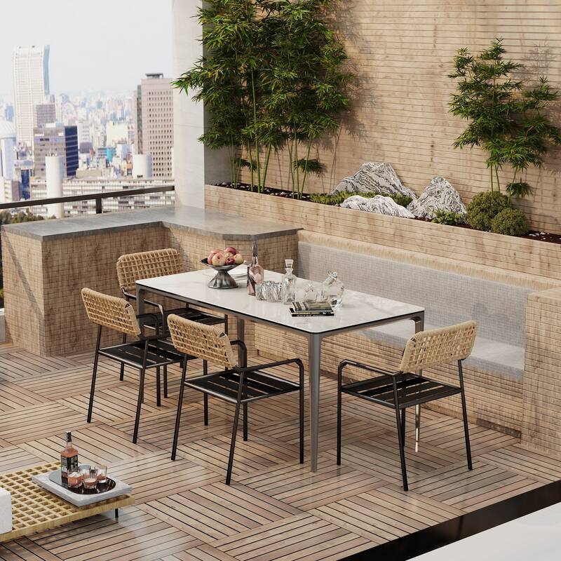 63" Unique Rectangular Dining Room Table with Sintered Stone Tempered Glass Top